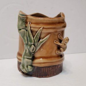 Vintage Majolica Glaze Planter, Frog Bamboo, Ceramic Plant Pot Pen Holder Cup